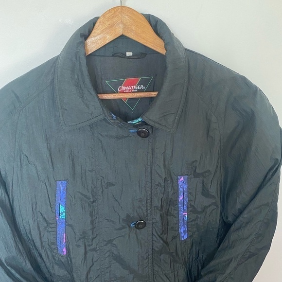Vintage 80s ski jacket retro nylon black button up shoulder padded - Picture 3 of 16